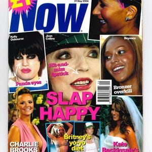 Puede incluir: Una portada de revista "NOW" con imágenes de celebridades y titulares. Los titulares incluyen "Slap Happy", "Charlie Brooks Pregnant" y "Britney's yo-yo diet". El precio es de £1.