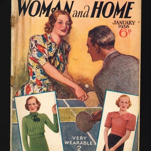 May include: A magazine cover for Woman and Home, a publication from January 1938. The cover features a couple playing table tennis, with a woman in a colorful dress and a man in a suit. The cover also features three women wearing different styles of jumpers, with the text "Very Wearable! 2 of our Gayest Jumpers".