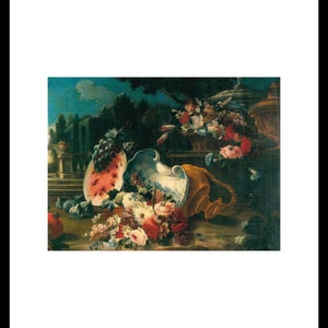 May include: A still life painting featuring a partially sliced watermelon, grapes, and a tipped-over vase overflowing with colorful flowers. A basket of flowers and a pomegranate are also present. The background depicts a garden scene.