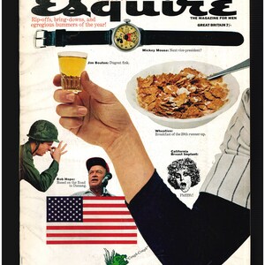May include: A magazine cover for Esquire magazine from January 1971 featuring a collage of humorous illustrations. The cover features a black and white illustration of a man wearing a baseball uniform, a black and white illustration of a woman with a breast implant, a black and white illustration of a man wearing a watch with Mickey Mouse on the face, a black and white illustration of a man holding a glass of liquid, a black and white illustration of a bowl of cereal, a black and white illustration of a man with a microphone, a black and white illustration of a man wearing a military uniform, and a black and white illustration of a sea monster. The cover text reads "Dubious Achievements of 1970!" and "The Magazine for Men".