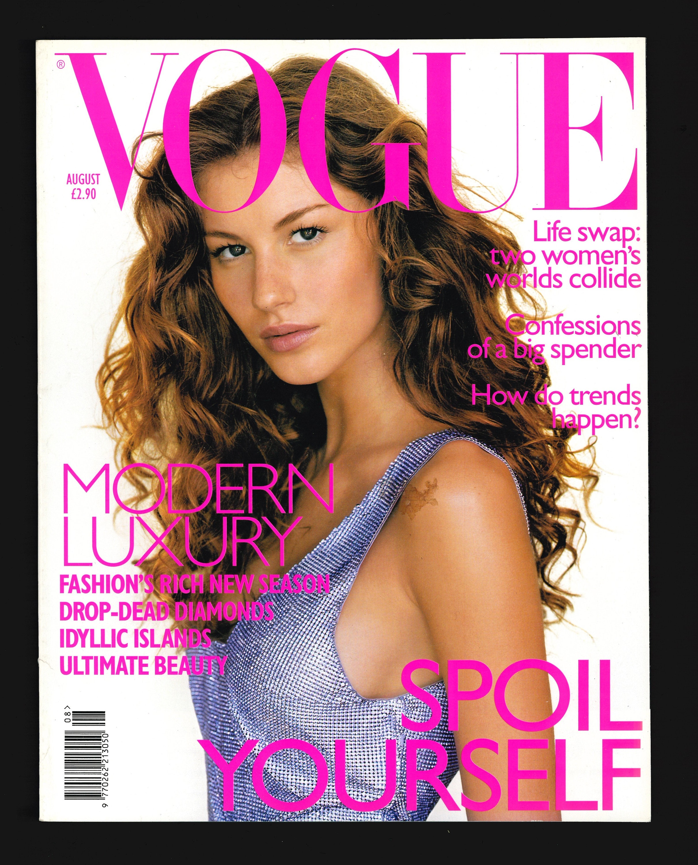 Vogue UK Gisele,Pink Vogue UK Aug 1998 Original Vintage Fashion Magazine Gisele