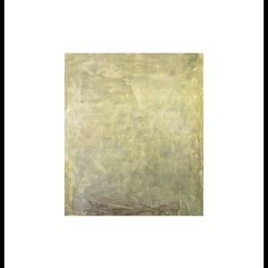 May include: A textured abstract painting with a light green background and subtle shades of brown and gray. The painting has a soft, ethereal quality.