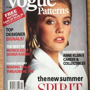 May include: Vogue Patterns magazine cover featuring a woman with blonde hair and a white shirt. The cover text reads "the new summer SPIRIT" and "WARDROBE FINDS: ANNE KLEIN II CAREER & COLLECTIBLES".