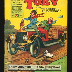 May include: A vintage comic book cover featuring a cartoon illustration of two characters in a red car. The cover is yellow with black text that reads "Toby and "Wonderful Playthings"". The comic book is advertised as being 7d net.