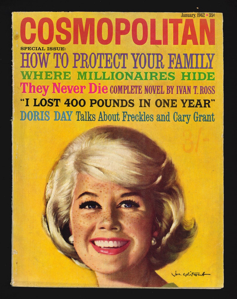 May include: A vintage magazine cover featuring a smiling Doris Day with the title "Cosmopolitan" and the headline "How to Protect Your Family: Where Millionaires Hide".