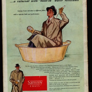 May include: A man sits in a tub of water wearing a brown raincoat. The text on the page reads "Sammy Coats introduce a different fabric with a superior look and performance." The text also says "a raincoat with "built-in" water resistance".