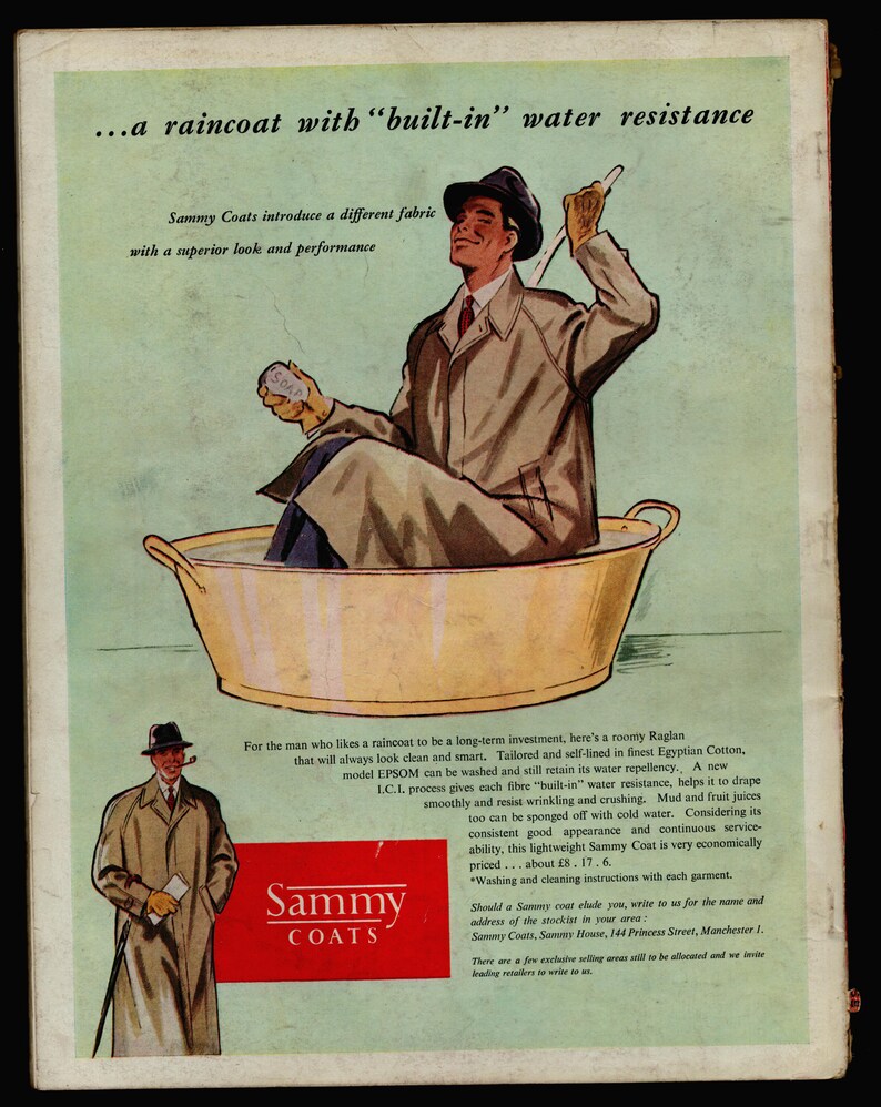 May include: A man sits in a tub of water wearing a brown raincoat. The text on the page reads "Sammy Coats introduce a different fabric with a superior look and performance." The text also says "a raincoat with "built-in" water resistance".