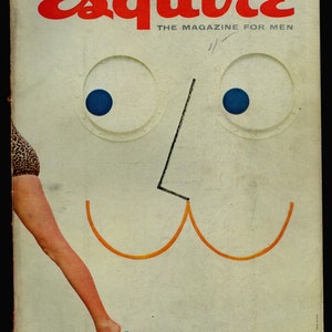 May include: A vintage magazine cover for Esquire, featuring a woman's leg in a leopard print swimsuit and a stylized face with large blue eyes and a smiling mouth. The magazine cover is dated March 1955 and reads "Esquire, The Magazine for Men".