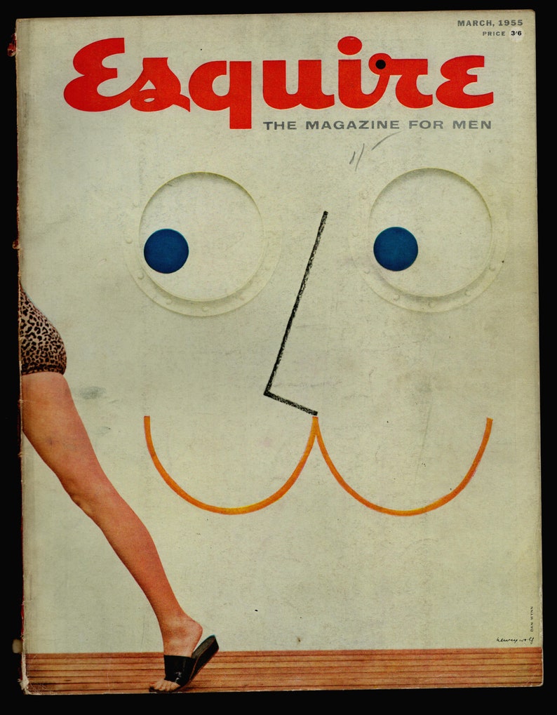 May include: A vintage magazine cover for Esquire, featuring a woman's leg in a leopard print swimsuit and a stylized face with large blue eyes and a smiling mouth. The magazine cover is dated March 1955 and reads "Esquire, The Magazine for Men".