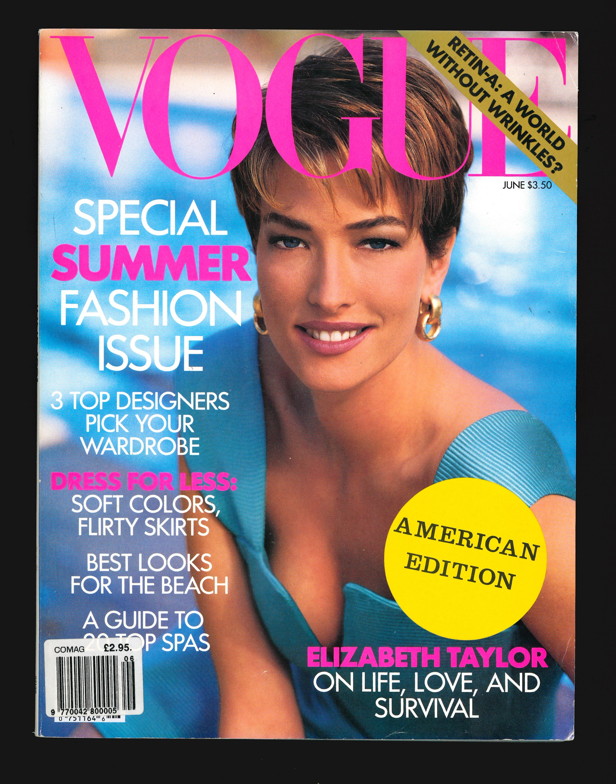 Vogue US June 1991 Original Vintage Fashion Magazine Tatjana Patitz  Cindy Crawford Elizabeth taylor