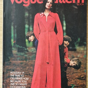 May include: A vintage Vogue Pattern magazine cover featuring a woman in a red dress with three children. The cover text reads "Vogue Pattern" and "Holiday '71 The Time To Celebrate You Because You Are So Many Occasions".