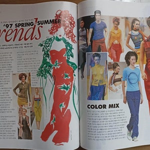 May include: A magazine spread featuring fashion trends for spring and summer 1997. The magazine page includes a fashion illustration of a woman wearing a red dress with green leaves, and several photographs of models wearing different outfits. The text on the page reads "'97 Spring & Summer trends" and "Color Mix".