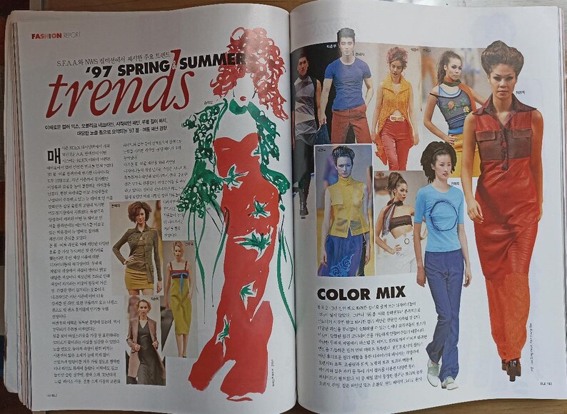May include: A magazine spread featuring fashion trends for spring and summer 1997. The magazine page includes a fashion illustration of a woman wearing a red dress with green leaves, and several photographs of models wearing different outfits. The text on the page reads "'97 Spring & Summer trends" and "Color Mix".