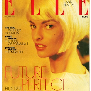 Elle UK Jan 1991 Original Vintage Mode Magazin Geschenk Geburtstagsgeschenk Linda Evangelista Cover Whitney Houston inside