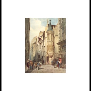 May include: A watercolour painting depicting a narrow street in a European city. The street is lined with tall buildings, and a small tower with a pointed roof stands at the end of the street. People are walking along the street, and a horse-drawn carriage is parked in the foreground.