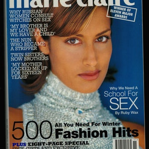 May include: The cover of Marie Claire magazine, November 1994, features a woman with brown hair and eyes. The magazine cover includes text such as "500 Fashion Hits" and "Why We Need A School For SEX".