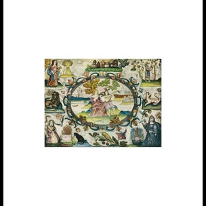 May include: A colorful embroidered artwork depicting a scene with a couple playing music in a landscape with a castle in the background. The artwork is surrounded by a circular frame with floral motifs and figures of people and animals.