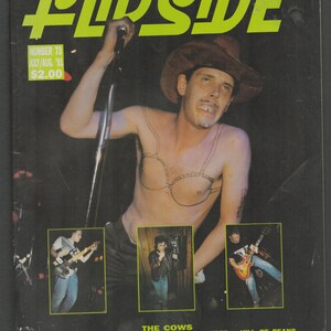 May include: A magazine cover for Flipsde, a music magazine, featuring a photo of a man with a cowboy hat and a bra drawn on his chest. The cover also lists the bands featured in the issue: The Cows, Bomb, Butthole Surfers, Four Non-Blondes, Hill of Beans, I Own the Sky, Jughead's Revenge, Lydia Lunch, Melvins, Pigface, Positive Force, Rudi Protrudi, and Some Velvet Sidewalk.