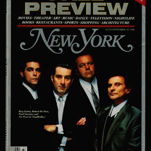 May include: A magazine cover featuring a photo of four men in suits. The magazine is titled "New York" and the cover text reads "Fall Preview" and "Movies, Theatre, Art, Music, Dance, Television, Nightlife, Books, Restaurants, Sports, Shopping, Architecture". The cover also includes the date "September 10, 1990" and the price "£2.25".