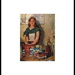 May include: A young girl washes dishes in a brown ceramic sink. She is wearing a green and white dress and a white cap. There are several blue and white ceramic dishes and a brown teapot on the counter.