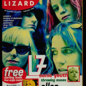 May include: Lime Lizard magazine cover featuring a colorful image of a woman with blue hair and a woman with pink hair. The magazine cover text reads "Lime Lizard" and "the incredible alternative" with the date "September 1992" and the price "£1.7". The cover also features the text "free darling buds flexi single inside!" and "sonic youth throwing muses elles belles!"