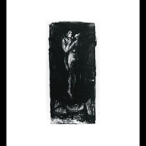 May include: A black and white woodcut print of a person standing in a dark space. The person is holding their arms close to their body and their head is tilted down. The print is framed by a white border.