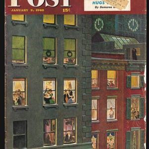 May include: The cover of a vintage Saturday Evening Post magazine from 3 January 1948, featuring an illustration of a city street scene at night with snow falling. The illustration shows two buildings with lit windows, and people celebrating inside. The magazine cover also features the title "The Saturday Evening Post" and the price "15¢".