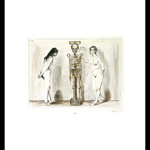 Puede incluir: Un dibujo en blanco y negro de dos figuras desnudas de pie frente a un esqueleto. El esqueleto está en un soporte y las figuras lo miran. El dibujo se titula "Flora".