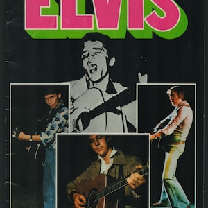 May include: A black and white poster with the word "ELVIS" in large pink letters with a green outline. The poster features three black and white photos of men playing guitars. The text "ASTORIA THEATRE" is at the bottom of the poster.