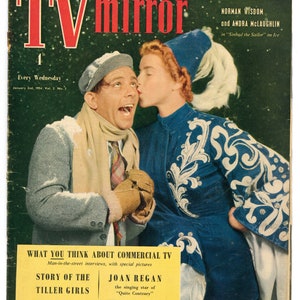 May include: A vintage magazine cover featuring a couple in a snowy scene. The magazine is called "TV Mirror" and features Norman Wisdom and Andra McLaughlin in "Sinbad the Sailor" on ice. The cover also includes a story about the Tiller Girls and Joan Regan, the singing star of "Quite Contrary".