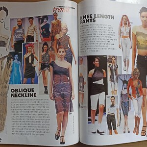 May include: A magazine spread featuring fashion trends for the spring season. The page on the left shows models wearing various styles with an emphasis on the oblique neckline. The page on the right features models wearing knee-length pants in different colors and styles.