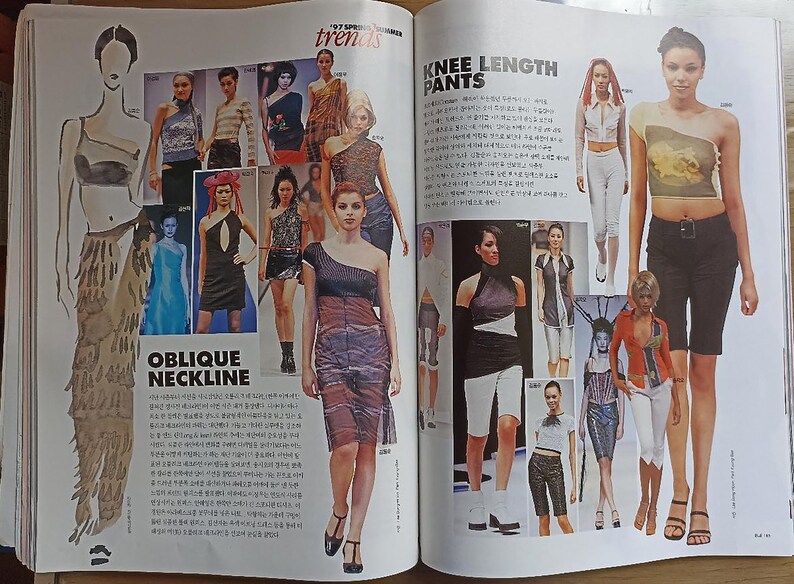 May include: A magazine spread featuring fashion trends for the spring season. The page on the left shows models wearing various styles with an emphasis on the oblique neckline. The page on the right features models wearing knee-length pants in different colors and styles.