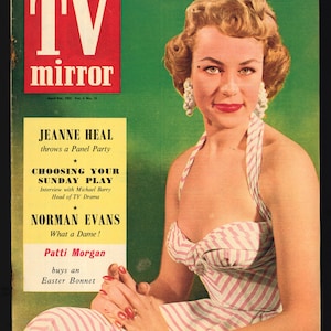 May include: A vintage magazine cover featuring a woman in a pink and white striped dress. The cover text reads "TV mirror" and features articles about Jeanne Heal, Choosing Your Sunday Play, Norman Evans, and Patti Morgan.
