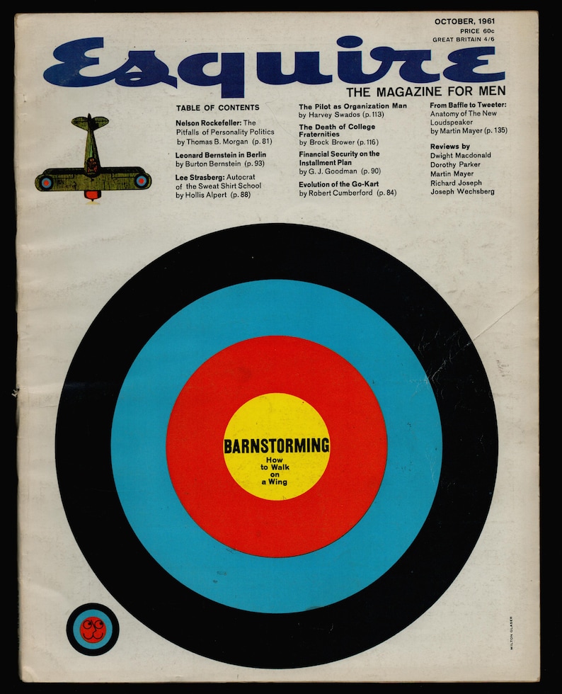 Puede incluir: Una portada de revista vintage que presenta un blanco y azul con el texto "Barnstorming: How to Walk on a Wing" en el centro. La revista se titula "Esquire: The Magazine for Men" y presenta una tabla de contenidos con art&iacute;culos sobre temas como la pol&iacute;tica, las finanzas y el entretenimiento.
