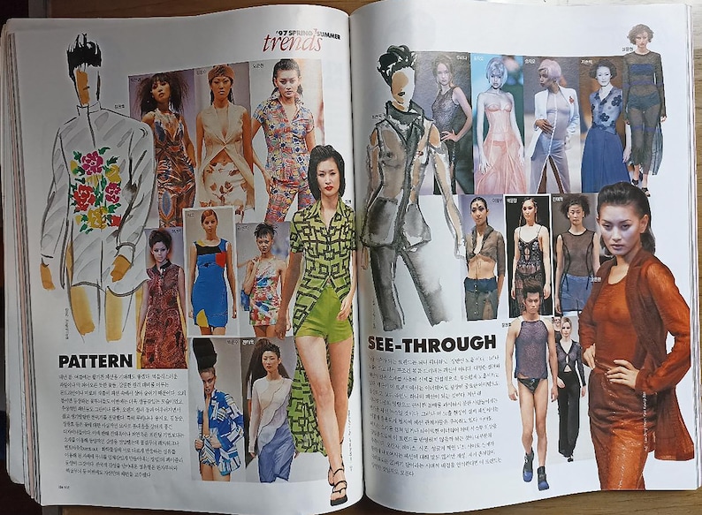 May include: A magazine spread featuring fashion trends for the spring and summer of 1997. The left page features a section titled "Pattern" and shows models wearing various patterned clothing. The right page features a section titled "See-Through" and shows models wearing sheer clothing.