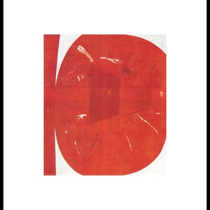 May include: Abstract art print with a large red circle and white lines on a white background.