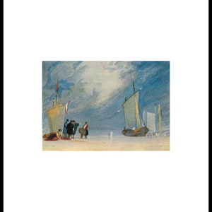 Puede incluir: Una pintura acuarela que representa a un grupo de personas de pie en una playa con dos veleros en la distancia. El cielo es de color azul claro con nubes blancas. El agua es de color azul claro y la arena es de color marrón claro.