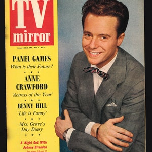 May include: A vintage cover of TV Mirror magazine featuring a smiling man in a suit and bow tie. The cover text reads "TV Mirror", "January 22nd, 1955. Vol. 4 No. 4", "Panel Games", "What is their Future?", "Anne Crawford", "Actress of the Year", "Benny Hill", "Life is Funny", "Mrs. Grove's Day Diary", "A Night Out With Johnny Brandon", "See pages 14 and 15", and "4D Every Wednesday".