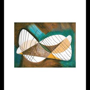 May include: Abstract painting with a brown, teal, and yellow colour scheme. The painting features intersecting lines and curved shapes.