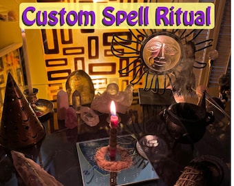 May include: A mystical scene featuring a lit red candle, crystals, and a sun-shaped decoration. The text "Custom Spell Ritual" is displayed in a yellow banner. The items are arranged on a reflective surface, creating a spiritual ambiance.