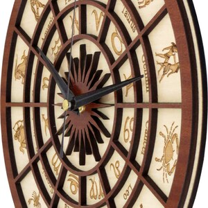 Pode incluir: Um rel&oacute;gio redondo de madeira com moldura marrom e mostrador branco. O mostrador do rel&oacute;gio apresenta os doze signos do zod&iacute;aco, cada um com um s&iacute;mbolo correspondente. Os ponteiros do rel&oacute;gio s&atilde;o pretos e dourados.