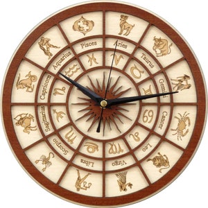 Può includere: Un orologio in legno con cornice marrone e quadrante bianco. Il quadrante dell'orologio presenta i dodici segni zodiacali e i loro simboli. Le lancette dell'orologio sono nere.