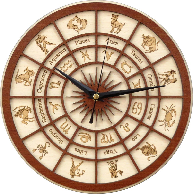 Pode incluir: Um rel&oacute;gio de madeira com moldura marrom e mostrador branco. O mostrador do rel&oacute;gio apresenta os doze signos do zod&iacute;aco e seus s&iacute;mbolos. Os ponteiros do rel&oacute;gio s&atilde;o pretos.