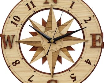 Compass Clock in wood - Wind Rose - Windrose