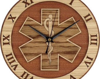 Rod of Asclepius Wooden Clock, Medical Star of Life, Paramedic. Handmade in UK