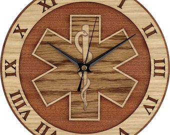 Rod of Asclepius Clock in wood / Medical Clock / Paramedic Clock / Star of Life Clock