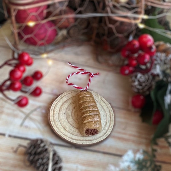 Decorazione per albero di Natale a forma di rotolo di salsiccia in miniatura, cibo in miniatura in pasta polimerica