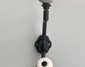 Flat Black Cast Iron Coat Hook with Porcelain Knobs