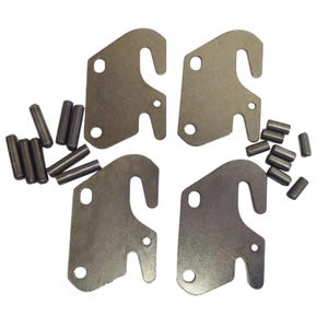 May include: A set of four flat, grey metal plates with hook-shaped cutouts and circular holes, accompanied by a collection of small, cylindrical metal pins. The components have a raw, unfinished metallic texture and are arranged in a loose group.