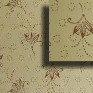 May include: A beige wallpaper with a repeating pattern of brown stylized flowers and small dots. The flowers have five petals and a small stem.